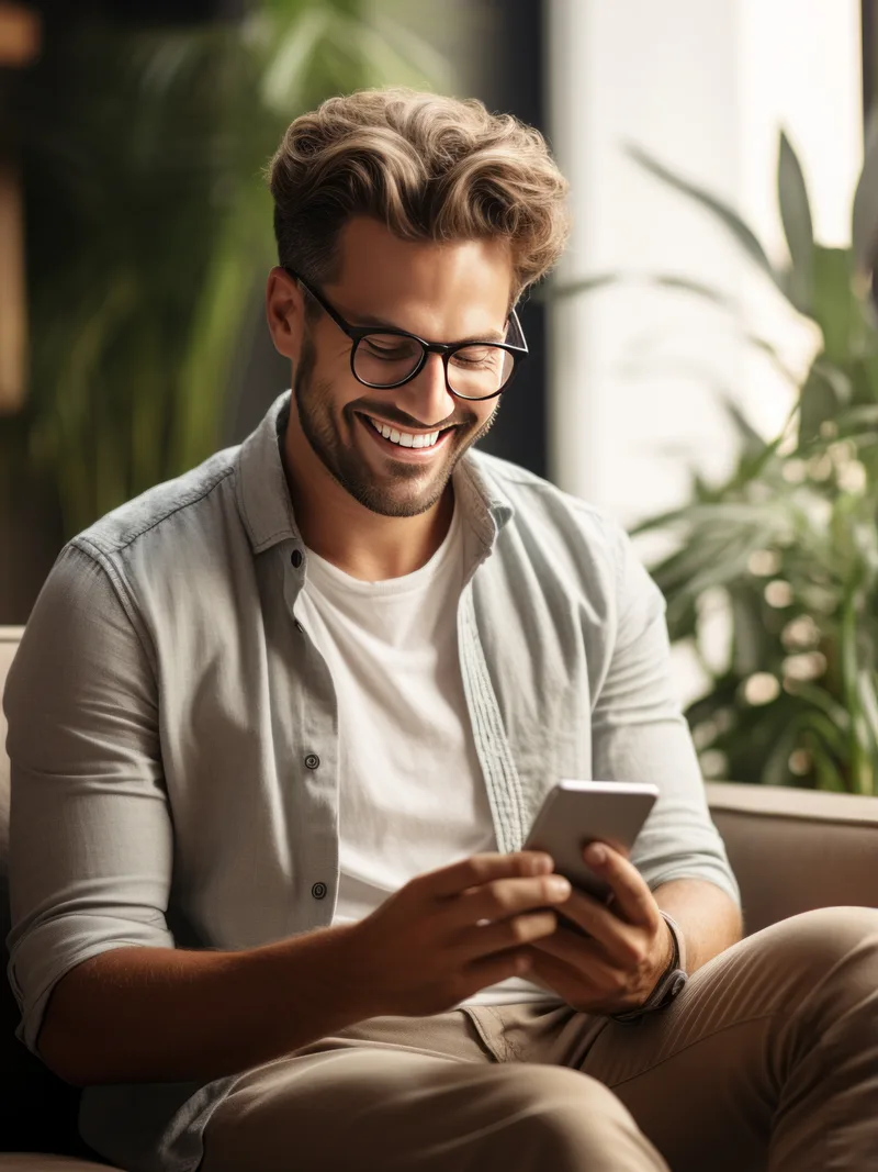 Man zit ontspannen op de bank met een telefoon in zijn hand, lichte ruimte met planten op de achtergrond. Consult Leven op gevoel.