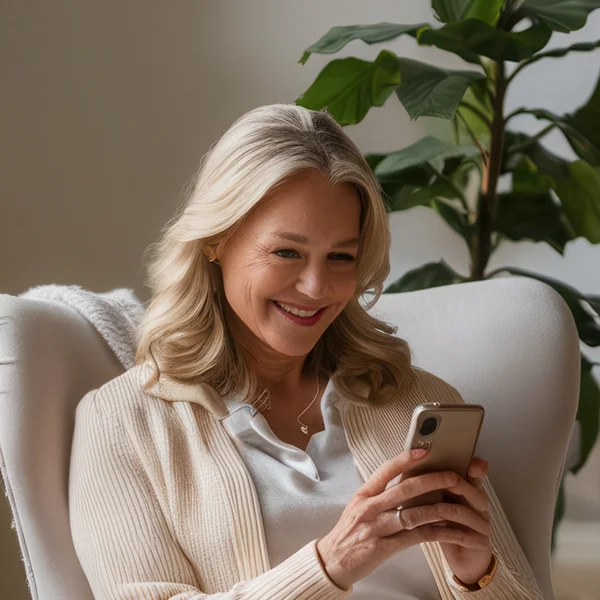 Vrouw zit ontspannen in een stoel met een telefoon in haar hand, rustig interieur met plant op de achtergrond. Consult Leven op gevoel.