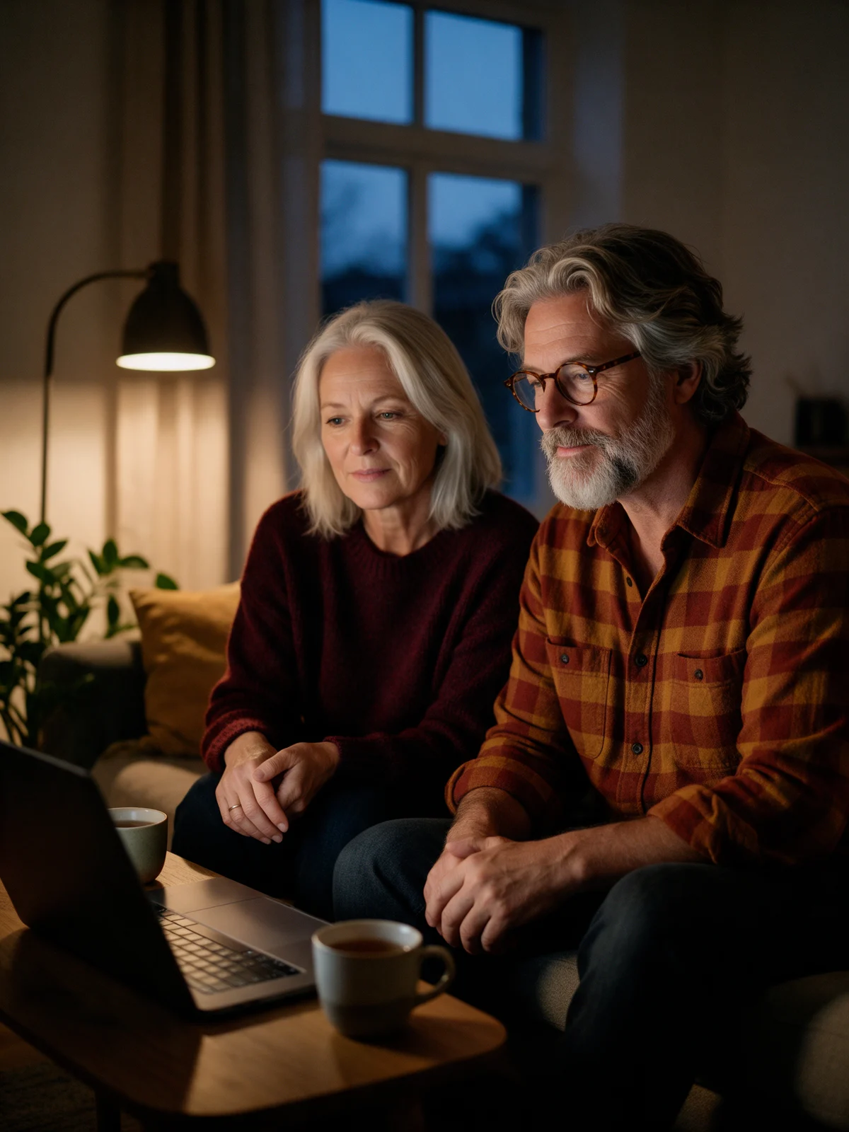 Man en vrouw zitten 's avonds samen op de bank en volgen aandachtig de gezamenlijke Zoom-sessie van de schoningsavond van Leven op gevoel op hun laptop