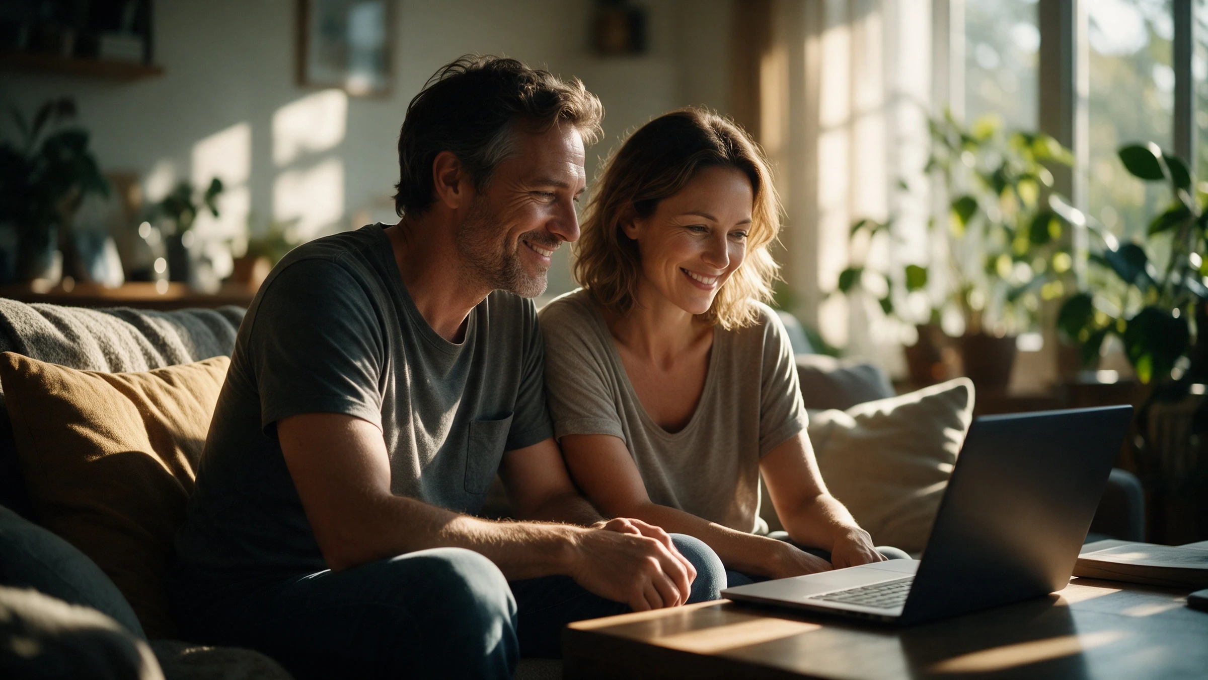 Man en vrouw zitten samen op de bank in het zonlicht en kijken glimlachend naar een laptop tijdens de online cursus Je zielsmissie in de praktijk van Leven op gevoel