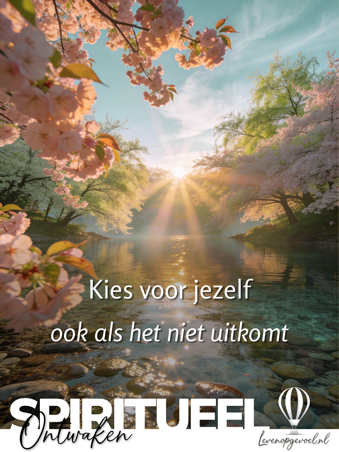 Sereen lentemeer omringd door bloeiende kersenbomen met zonnestralen door de takken. Tekst: "Kies voor jezelf ook als het niet uitkomt" en "Spiritueel Ontwaken". Logo levenopgevoel.nl.
