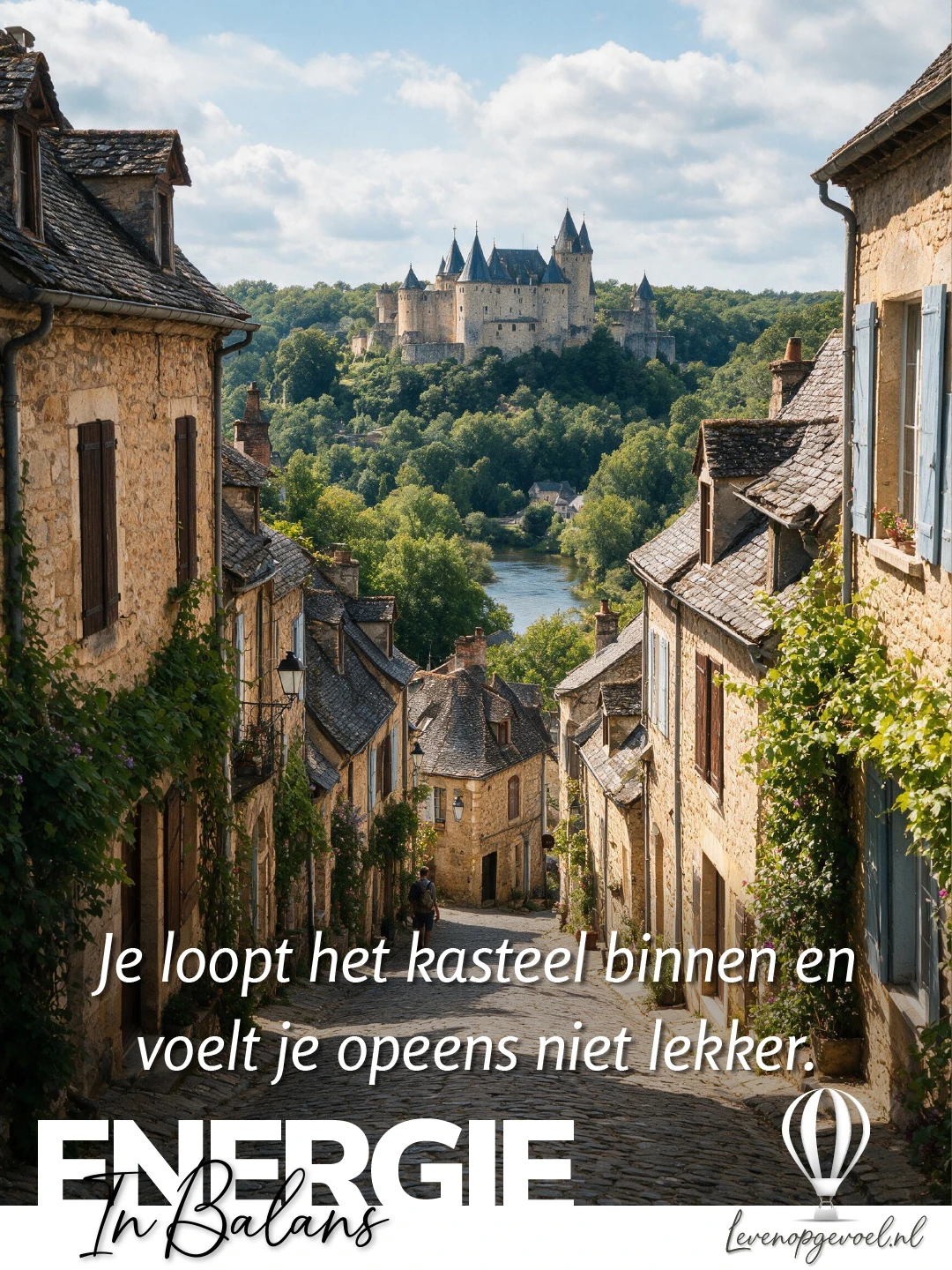 Steile geplaveide straat in een oud Frans dorp met natuurstenen huizen en begroeide gevels, met uitzicht op een beboste heuvel met een groot middeleeuws kasteel op de top, onder een blauwe lucht met witte wolken. Quote 'Je loopt het kasteel binnen en voelt je opeens niet lekker.' bij de categorie Energie in balans van Leven op gevoel.