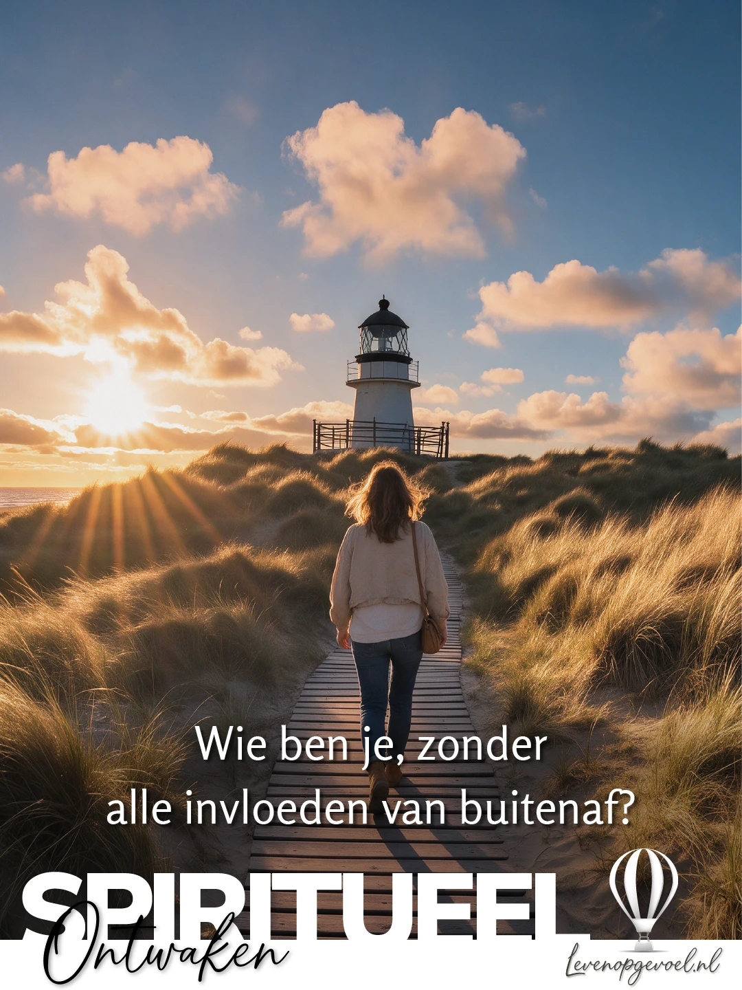 Duinlandschap bij zonsondergang met een witte vuurtoren op de duintop en zonnestralen boven de zee. Een vrouw, van achteren gezien, loopt over een houten vlonderpad tussen het helmgras naar de vuurtoren. Tekst: Wie ben je, zonder alle invloeden van buitenaf? Linksonder het label Spiritueel ontwaken, rechtsonder een witte luchtballon met levenopgevoel.nl.