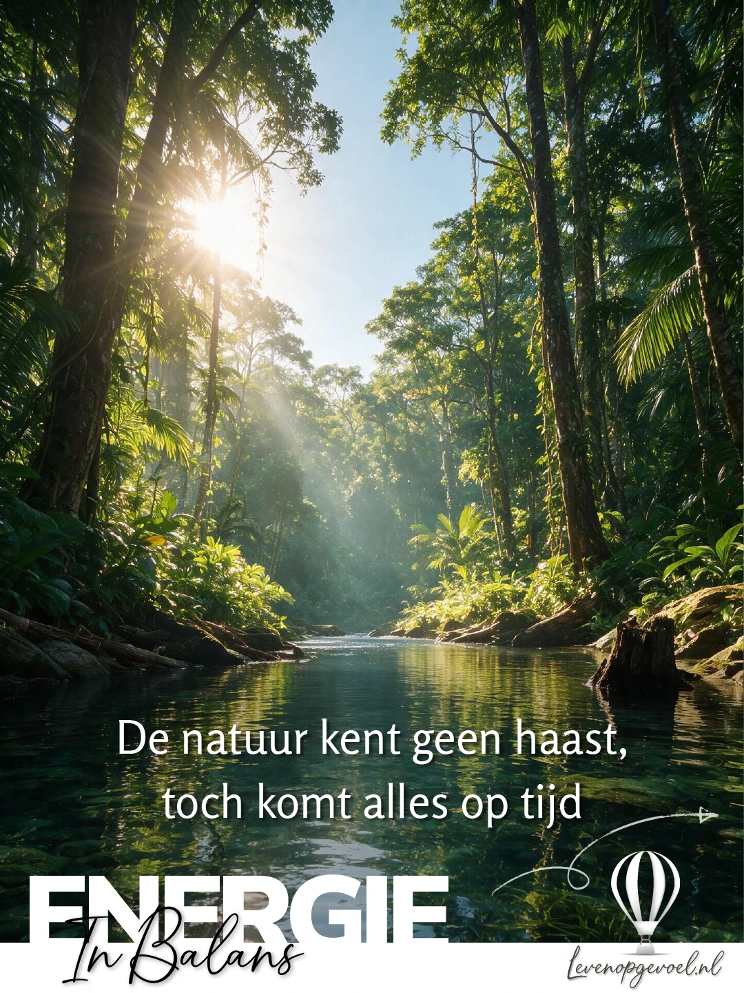 Een rustige rivier door dicht tropisch regenwoud, met hoge slanke bomen aan weerszijden en de zon die linksboven door het bladerdak breekt. Het heldere water weerspiegelt het licht en de begroeiing. Tekst op de foto: 'De natuur kent geen haast, toch komt alles op tijd'. Linksonder het label 'Energie in balans' en rechtsonder een wit luchtballon-icoon met 'Levenopgevoel.nl'