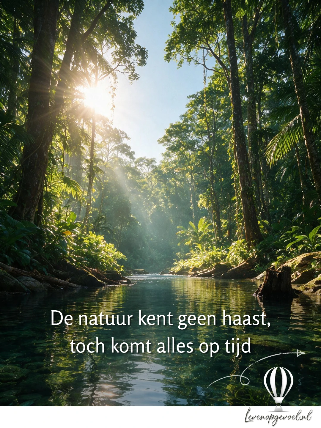Een rustige rivier door dicht tropisch regenwoud, met hoge slanke bomen aan weerszijden en de zon die linksboven door het bladerdak breekt. Het heldere water weerspiegelt het licht en de begroeiing. Tekst op de foto: 'De natuur kent geen haast, toch komt alles op tijd'