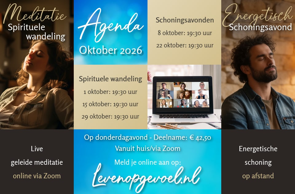 Agenda oktober 2026. Schoningsavonden op 8 en 22 oktober om 19:30 uur, spirituele wandeling op 1, 15 en 29 oktober om 19:30 uur, online via Zoom