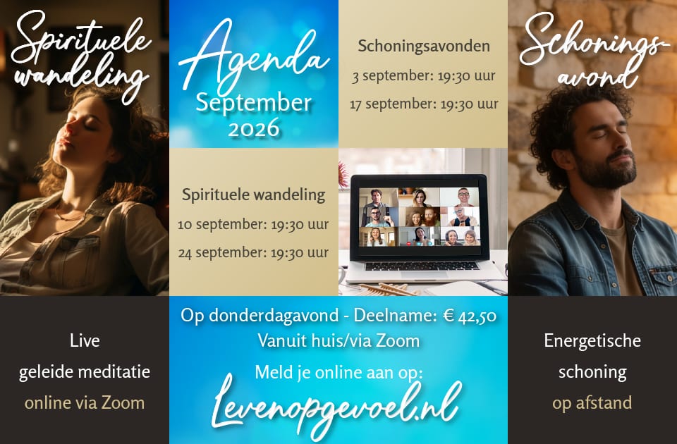 Agenda september 2026. Schoningsavonden op 3 en 17 september om 19:30 uur, spirituele wandeling op 10 en 24 september om 19:30 uur, online via Zoom