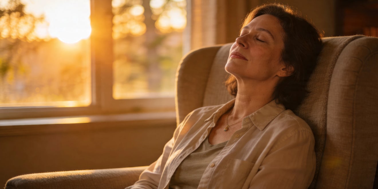 Vrouw ontspant thuis in een fauteuil tijdens een energetische schoning op afstand van Leven op gevoel
