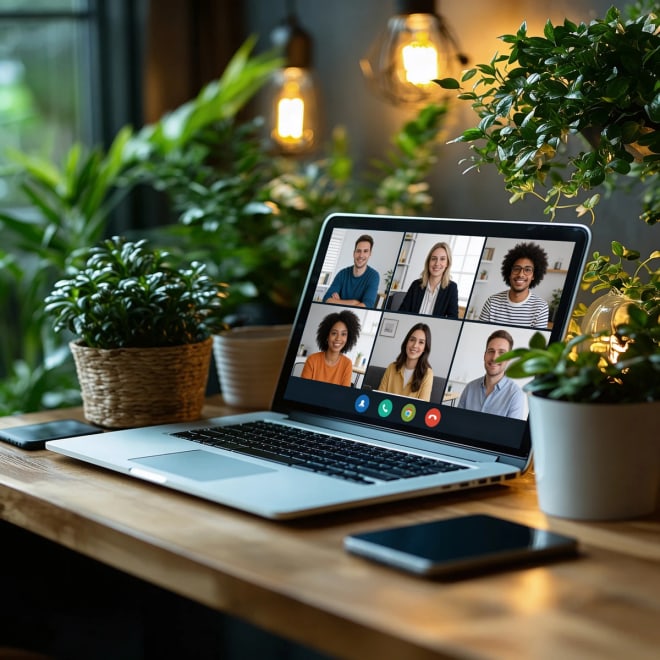 Laptop op een bureau met de gezamenlijke Zoom-sessie van de schoningsavond van Leven op gevoel