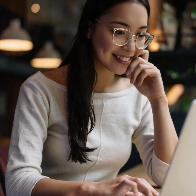Vrouw volgt glimlachend de online groepscursus van Leven op gevoel via Zoom