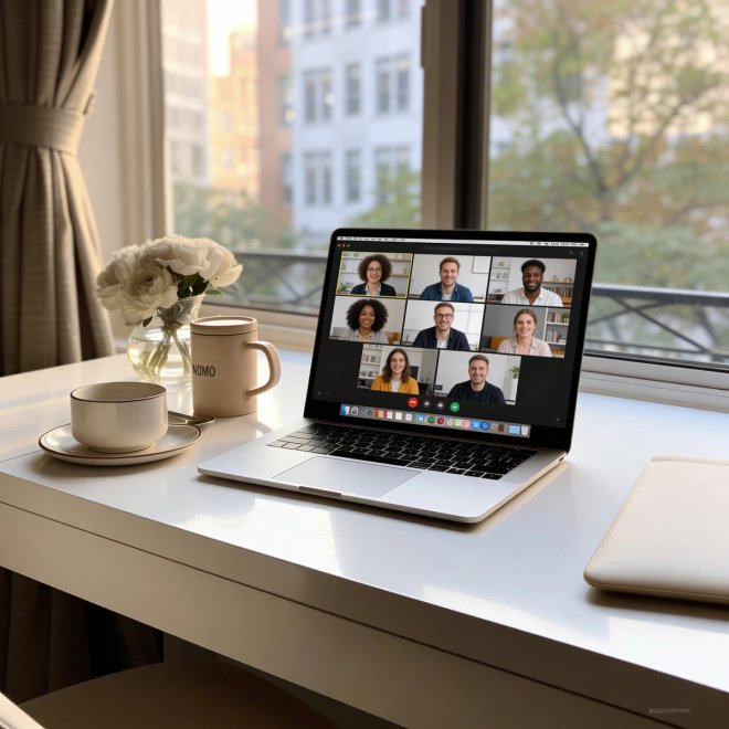 Laptop op een bureau met een Zoom-sessie van het bewust groeipad van Leven op gevoel, gewoon thuis