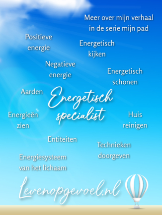 Blauwe lucht met witte wolken, energetische woorden verspreid rondom centrale tekst 'Energetisch specialist' - bevat termen als positieve energie, negatieve energie, energetisch schonen, aarden, entiteiten, energiesysteem, met levenopgevoel.nl logo en luchtballon onderaan
