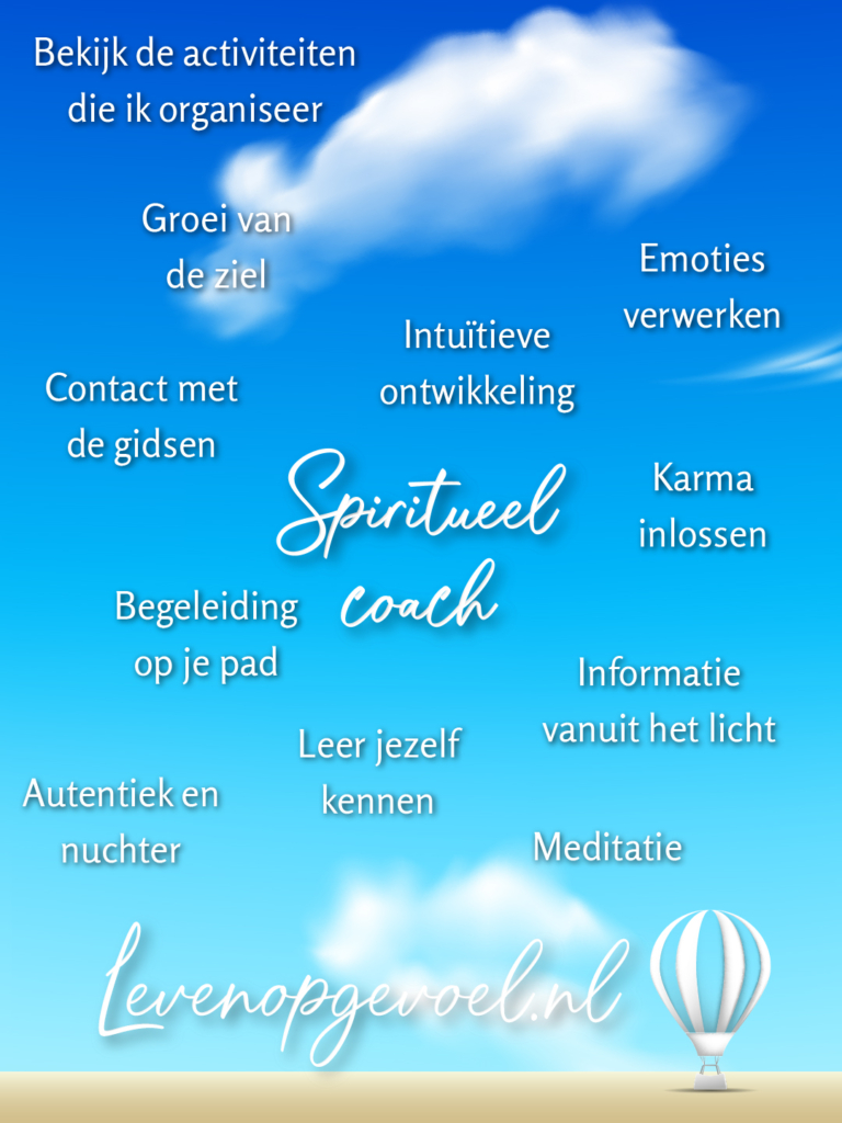 Blauwe lucht met witte wolken, tekstwolk rondom 'Spiritueel coach' met termen als groei van de ziel, intuïtieve ontwikkeling, contact met gidsen, karma inlossen, meditatie, levenopgevoel.nl logo met luchtballon