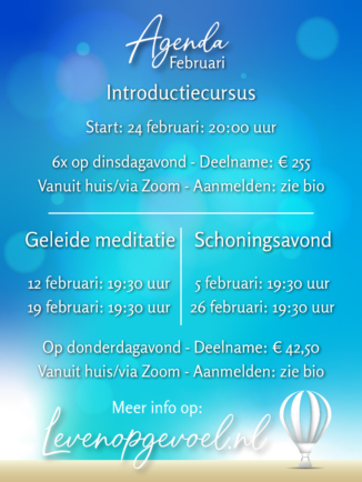 Agenda Februari overzicht met introductiecursus start 24 februari, geleide meditatie data 12 en 19 februari, schoningsavond data 5 en 26 februari, tegen blauwe gradiënt achtergrond met levenopgevoel.nl website