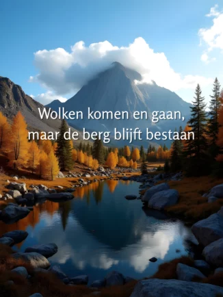 Een grote berg met wolken die langs de top drijven, weerspiegeld in een helder bergmeer. Herfstkleurige bomen omlijsten het water. De tekst: ‘Wolken komen en gaan, maar de berg blijft bestaan.’