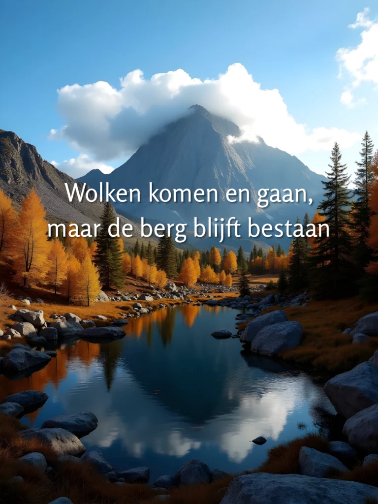 Een grote berg met wolken die langs de top drijven, weerspiegeld in een helder bergmeer. Herfstkleurige bomen omlijsten het water. De tekst: ‘Wolken komen en gaan, maar de berg blijft bestaan.’