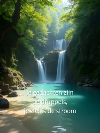 Rustige HDR natuurfoto met een groene bosrijke omgeving, een dubbele waterval die in helder turquoise water stroomt; op de voorgrond zand en ronde stenen. Tekst in beeld: ‘Je gedachten zijn de druppels, je ziel is de stroom’.