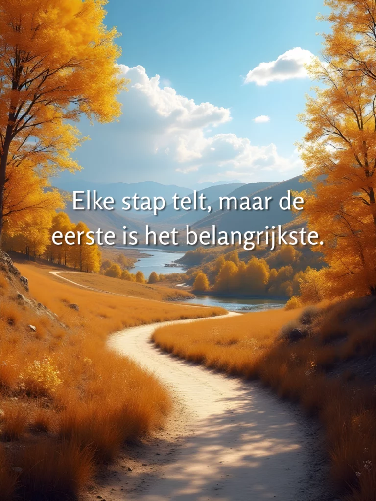 Herfstachtig landschap met gele bomen, rivier en bergen met tekst 'Elke stap telt, maar de eerste is het belangrijkste'