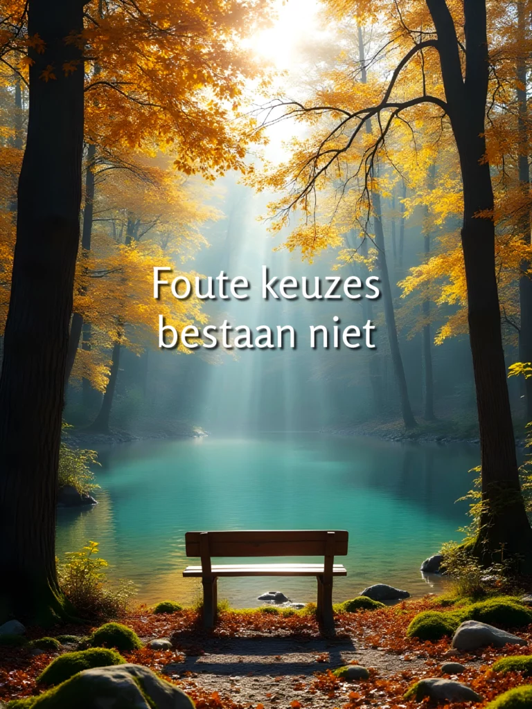 Magisch herfstbos met gouden bladeren en turquoise bergmeer in ochtendnevel; houten bankje aan de waterkant met mosbedekte stenen; zonnestralen schijnen door de bomen; witte tekst overlay: 'Foute keuzes bestaan niet'.