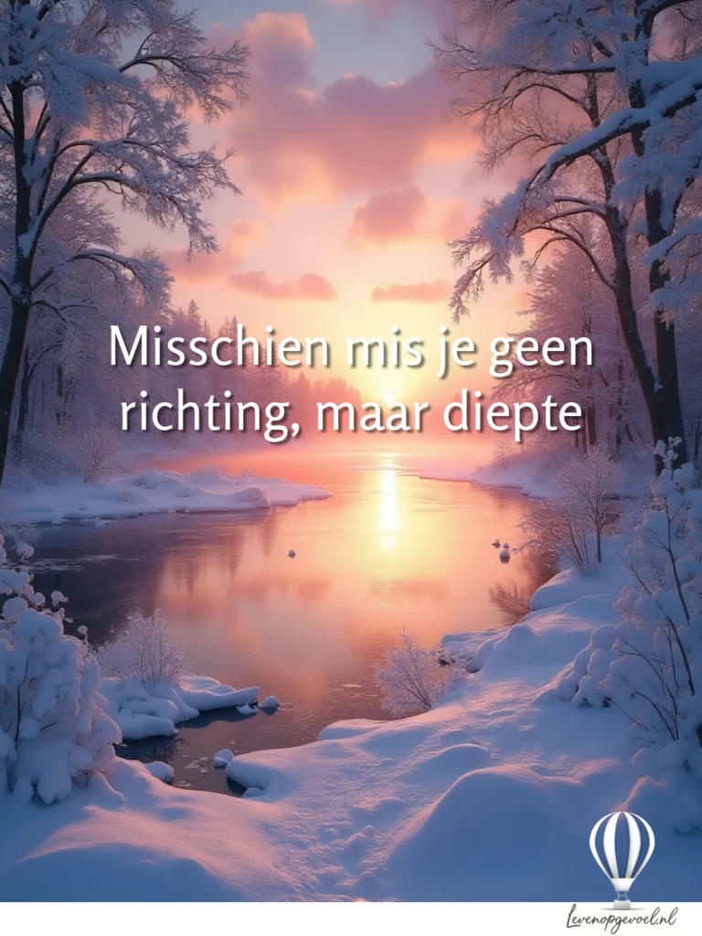 Magisch winterlandschap met sneeuw bedekte bomen rond stromend water tijdens gouden zonsondergang, mystieke roze-blauwe lucht; hoofdtekst 'Misschien mis je geen richting, maar diepte' met levenopgevoel.nl logo en luchtballon symbool