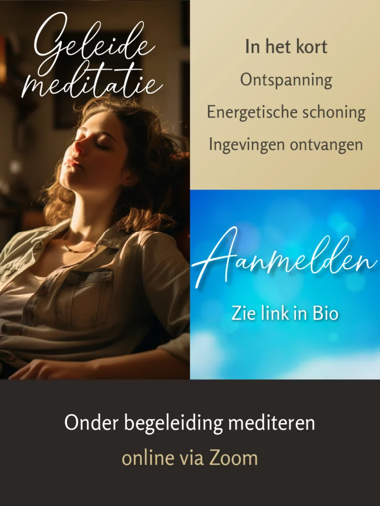 Vrouw ontspannen achterover in een stoel, oog gesloten, badend in zacht licht. Links boven: ‘Geleide meditatie’. Rechts informatie over ontspanning, energetische schoning, ingevingen ontvangen en aanmelden via link in bio.