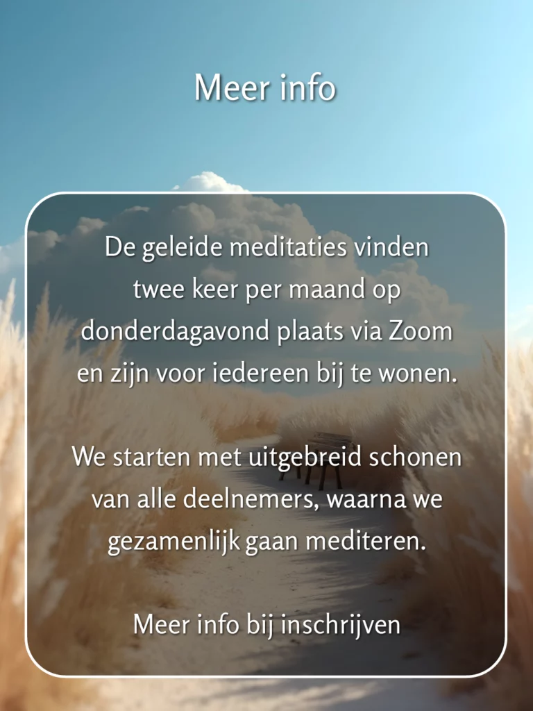 Pad en bankje, tekst: ‘Meer info. De geleide meditaties vinden twee keer per maand op donderdagavond plaats via Zoom... Meer info bij inschrijven.’