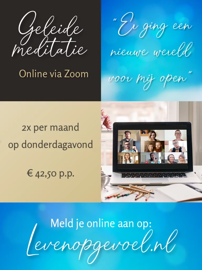 Laptop met scherm vol gezichten van mensen in een Zoom-call, op een bureau met schrijfwaren. Links: ‘Geleide meditatie, online via Zoom’, rechtsboven: tekst ‘Er ging een nieuwe wereld voor mij open’. Onderin: informatie over aanmelden, frequentie en prijs.