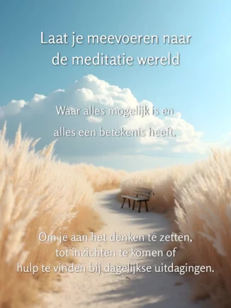 Rustig licht pad door wuivend wit gras, bankje in de verte onder grote wolkenlucht. Tekst: ‘Laat je meevoeren naar de meditatie wereld. Waar alles mogelijk is en alles een betekenis heeft. Om je aan het denken te zetten, tot inzichten te komen of hulp te vinden bij dagelijkse uitdagingen.’