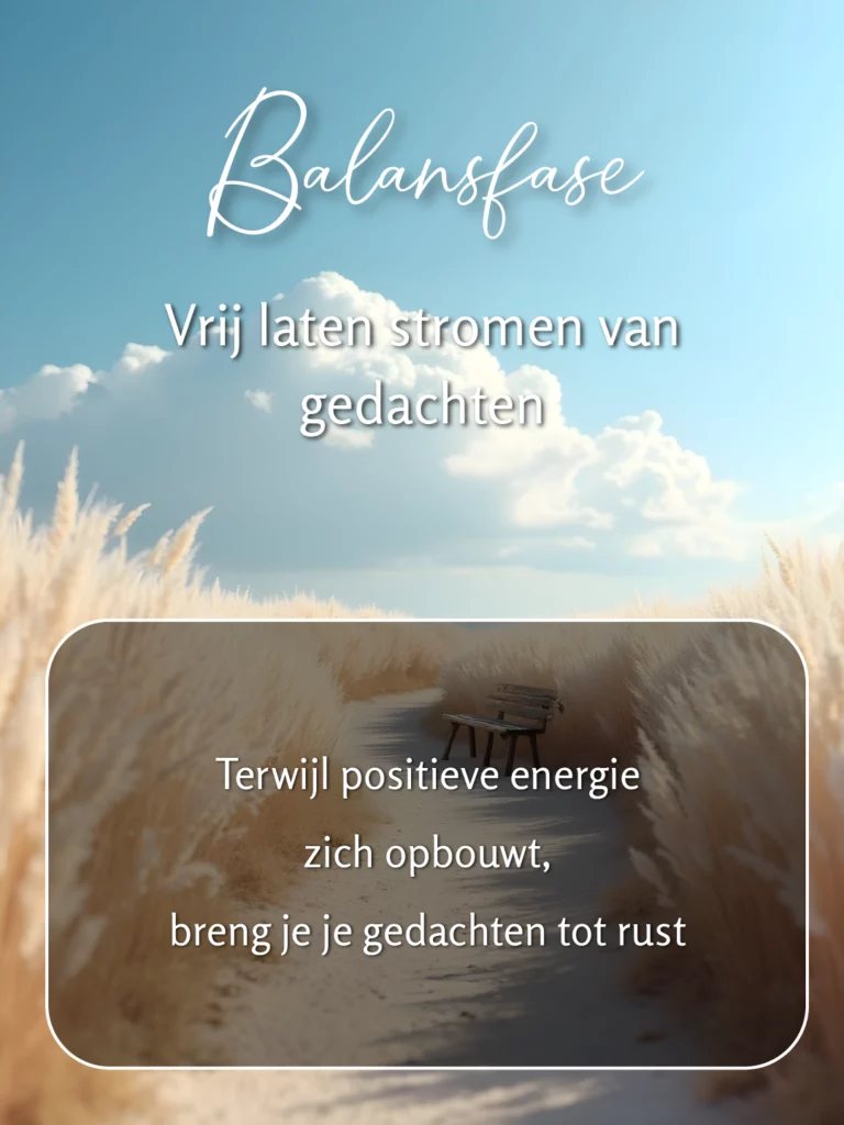 Pad en bankje, tekst: ‘Balansfase. Vrij laten stromen van gedachten. Terwijl positieve energie zich opbouwt, breng je je gedachten tot rust.’