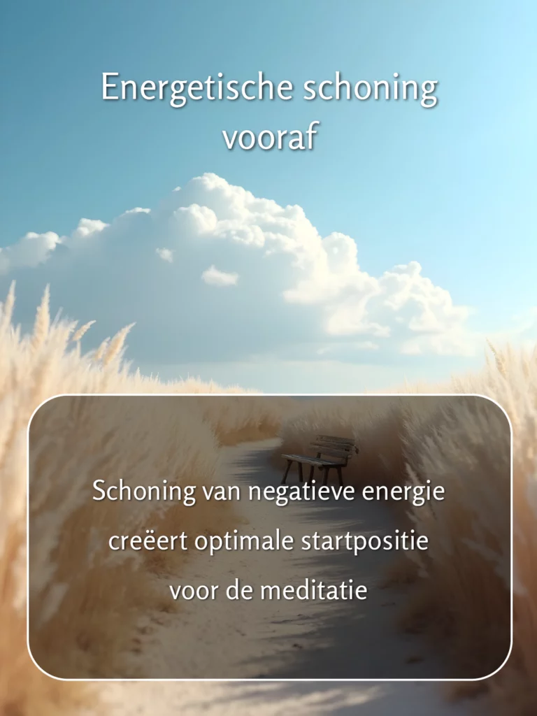 Pad en bankje, tekst: ‘Energetische schoning vooraf. Schoning van negatieve energie creëert optimale startpositie voor de meditatie.’