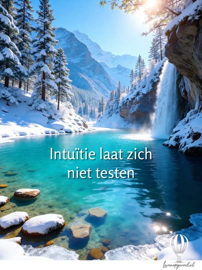 Winterlandschap met turquoise bergmeer en bevroren waterval tussen besneeuwde dennenbomen en bergen met zonnestralen; stapstenen in helder water; witte tekst overlay 'Intuïtie laat zich niet testen'; onderaan blauw-wit gestreepte luchtballon met logo levenopgevoel.nl - spirituele Instagram post over intuïtie