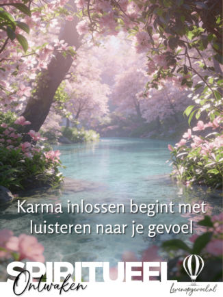 Spiritueel Ontwaken van Leven op gevoel met de tekst: karma inlossen begint met luisteren naar je gevoel, tegen een achtergrond van roze bloesembomen en turquoise water in zonlicht.