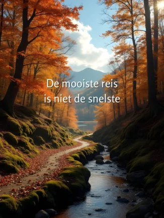 Herfstlandschap met kronkelend pad langs een kabbelend beekje tussen mosbedekte rotsen en gouden bomen; tekst in het midden: “De mooiste reis is niet de snelste.”