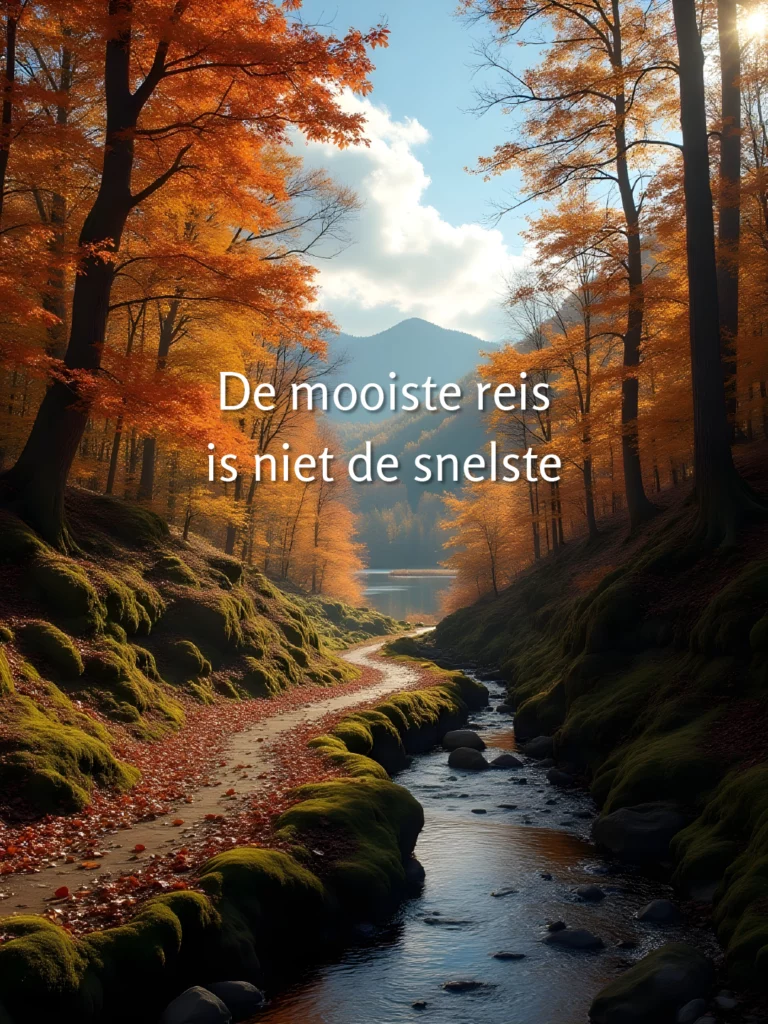 Herfstlandschap met kronkelend pad langs een kabbelend beekje tussen mosbedekte rotsen en gouden bomen; tekst in het midden: “De mooiste reis is niet de snelste.”