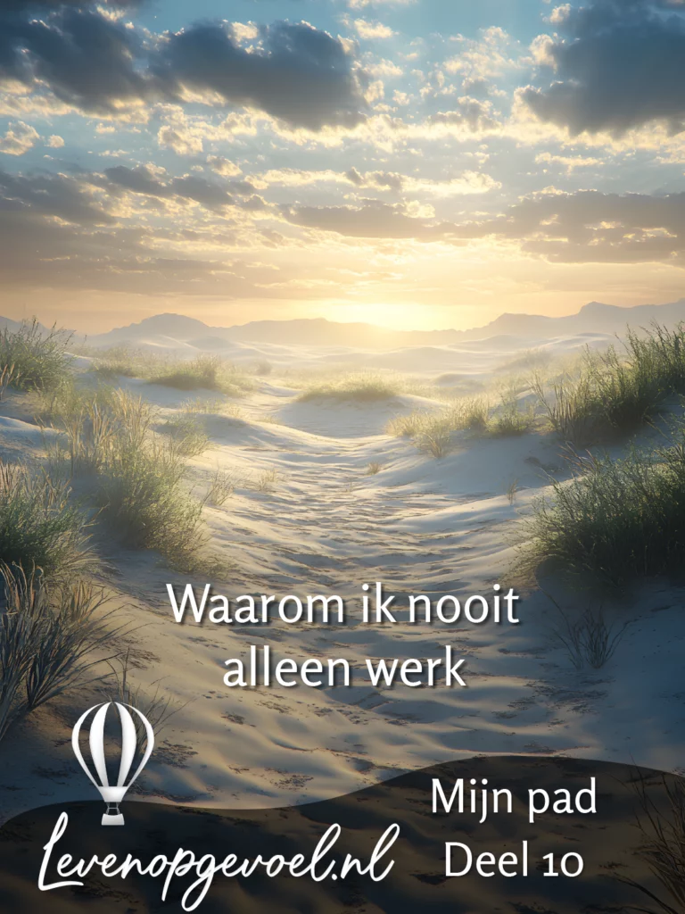 Zandduinen met pad richting zonsopgang, met de tekst: Waarom ik nooit alleen werk – Mijn pad Deel 10 – Levenopgevoel.nl