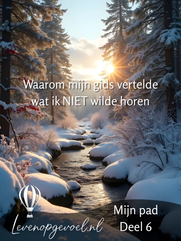 Sneeuwbedekte bomen en keien langs een kabbelende bergbeek bij zonsopgang; grote witte overlaytekst “Waarom mijn gids vertelde wat ik NIET wilde horen” en rechtsonder het Levenopgevoel-logo.