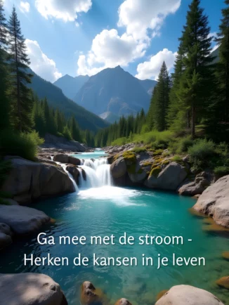 Prachtige bergwaterval met turquoise water dat tussen rotsen stroomt, omgeven door groene naaldbomen en bergen onder blauwe lucht met witte wolken; overlaytekst: 'Ga mee met de stroom - Herken de kansen in je leven'.