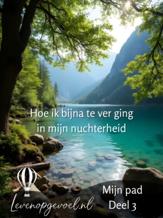 Sereen bergmeer omringd door groene bossen en hoge bergen, met de tekst 'Hoe ik bijna te ver ging in mijn nuchterheid' en 'Mijn pad Deel 3' inclusief het logo van levenopgevoel.nl
