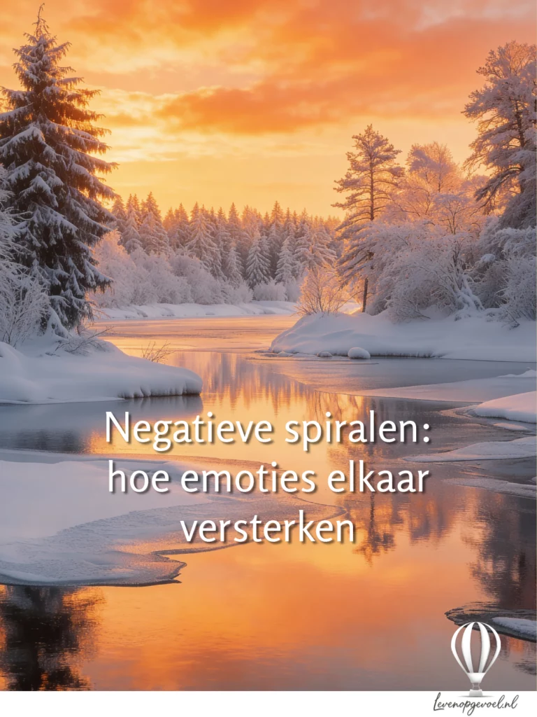 Winterlandschap met besneeuwde dennenbomen langs bevroren rivier met gouden zonsopgang reflectie in het water; oranje gloed door naaldbomen; witte tekstoverlay 'Negatieve spiralen: hoe emoties elkaar versterken'; rechtsonder blauw-witte luchtballon logo en levenopgevoel.nl
