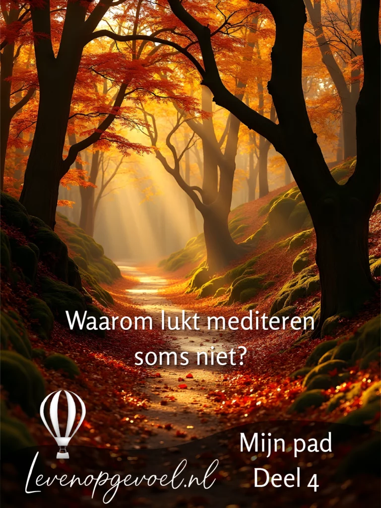 Pad door een herfstbos met gouden zonnestralen tussen oranje bladeren; overlaytekst: "Waarom lukt mediteren soms niet?" en "Mijn pad Deel 4" plus levenopgevoel.nl-logo.