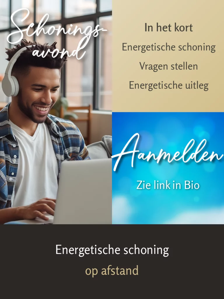 Schoningsavond promotie collage met jongeman die met koptelefoon achter laptop zit voor online energetische schoning, tekstblokken tonen 'In het kort: Energetische schoning, Vragen stellen, Energetische uitleg' en blauwe aanmeldknop met link naar levenopgevoel.nl