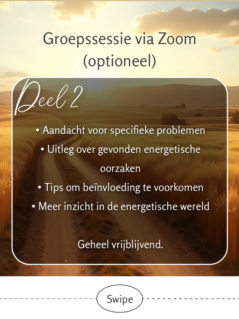 Gouden graanvelden bij zonsondergang, tekstkader beschrijft optionele 'Deel 2' groepssessie via Zoom: aandacht voor specifieke problemen, uitleg over gevonden energetische oorzaken, tips om beïnvloeding te voorkomen, meer inzicht in energetische wereld - geheel vrijblijvend