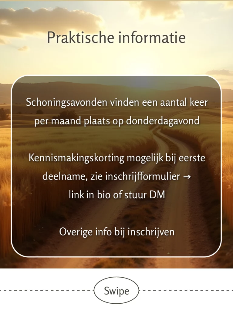 Landelijke zonsondergangscène met landweg door graanvelden, tekstkader geeft praktische informatie: schoningsavonden vinden aantal keer per maand plaats op donderdagavond, kennismakingskorting mogelijk bij eerste deelname via inschrijfformulier, link in bio of stuur DM, overige info bij inschrijven
