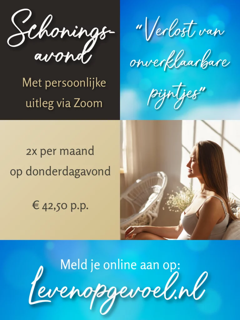Vrouw in wit topje zit ontspannen in rieten stoel bij venster met zonlicht, tekstblokken tonen 'Schoningsavond met persoonlijke uitleg via Zoom', quote 'Verlost van onverklaarbare pijntjes', praktische informatie '2x per maand op donderdagavond € 42,50 p.p.' en aanmelding via levenopgevoel.nl