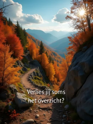 Bergpad door herfstlandschap met oranje bladeren en uitzicht op bergen, symboliseert het zoeken naar overzicht en richting op je levenspad