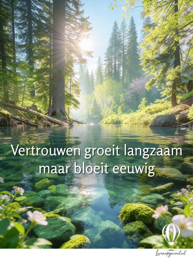 Zonlicht door hoge dennen in een groen bos boven een helder riviertje met mosstenen; tekstoverlay: “Vertrouwen groeit langzaam maar bloeit eeuwig”, met logo en levenopgevoel.nl.