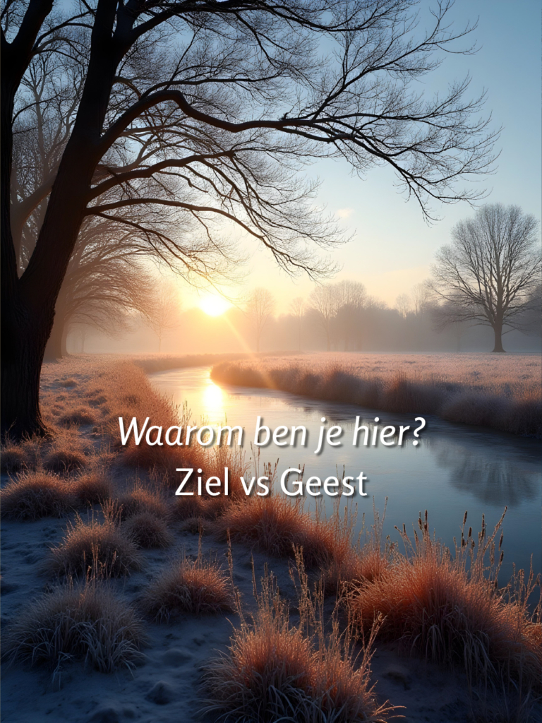Winterse landschap bij zonsopgang met kale boom aan bevroren rivier, mystieke mist en gouden licht, met tekst "Waarom ben je hier? Ziel vs Geest" - Leven op gevoel spirituele post