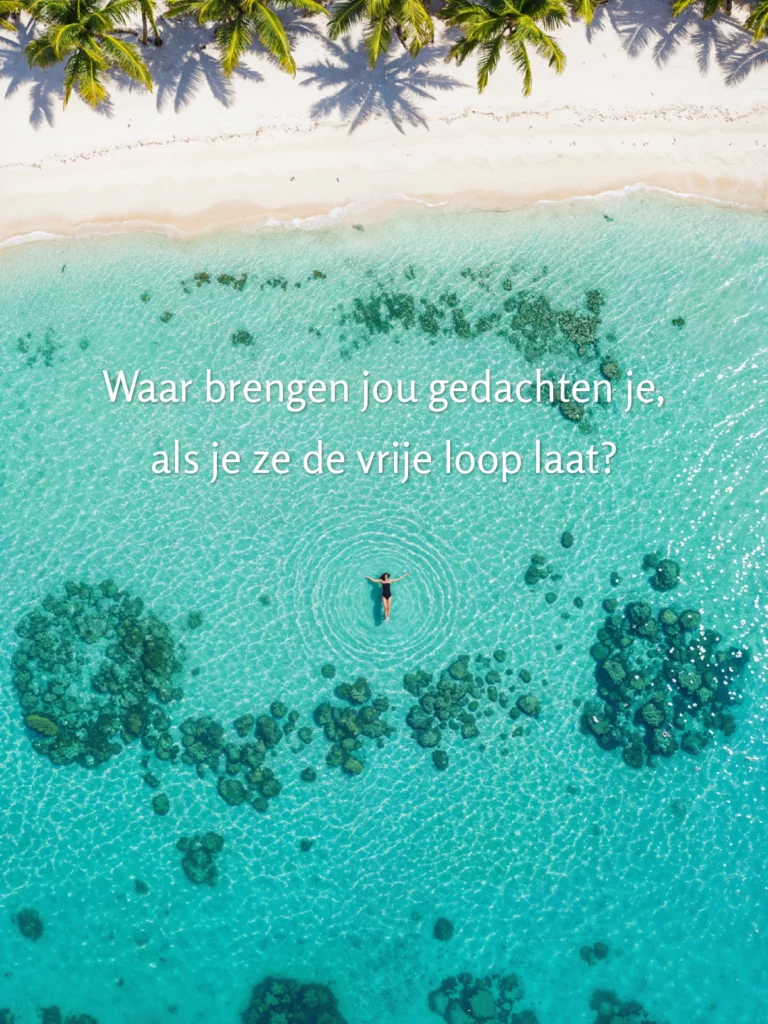 Luchtfoto van een persoon die rustig drijft in turquoise water bij een zandstrand, palmbomen op de achtergrond. Tekst: ‘Waar brengen jouw gedachten je, als je ze de vrije loop laat?’